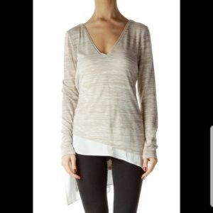 WHBM Beige Striped Hi Low Hem Long Sleeve Womens Knit Low Vneck Top SM